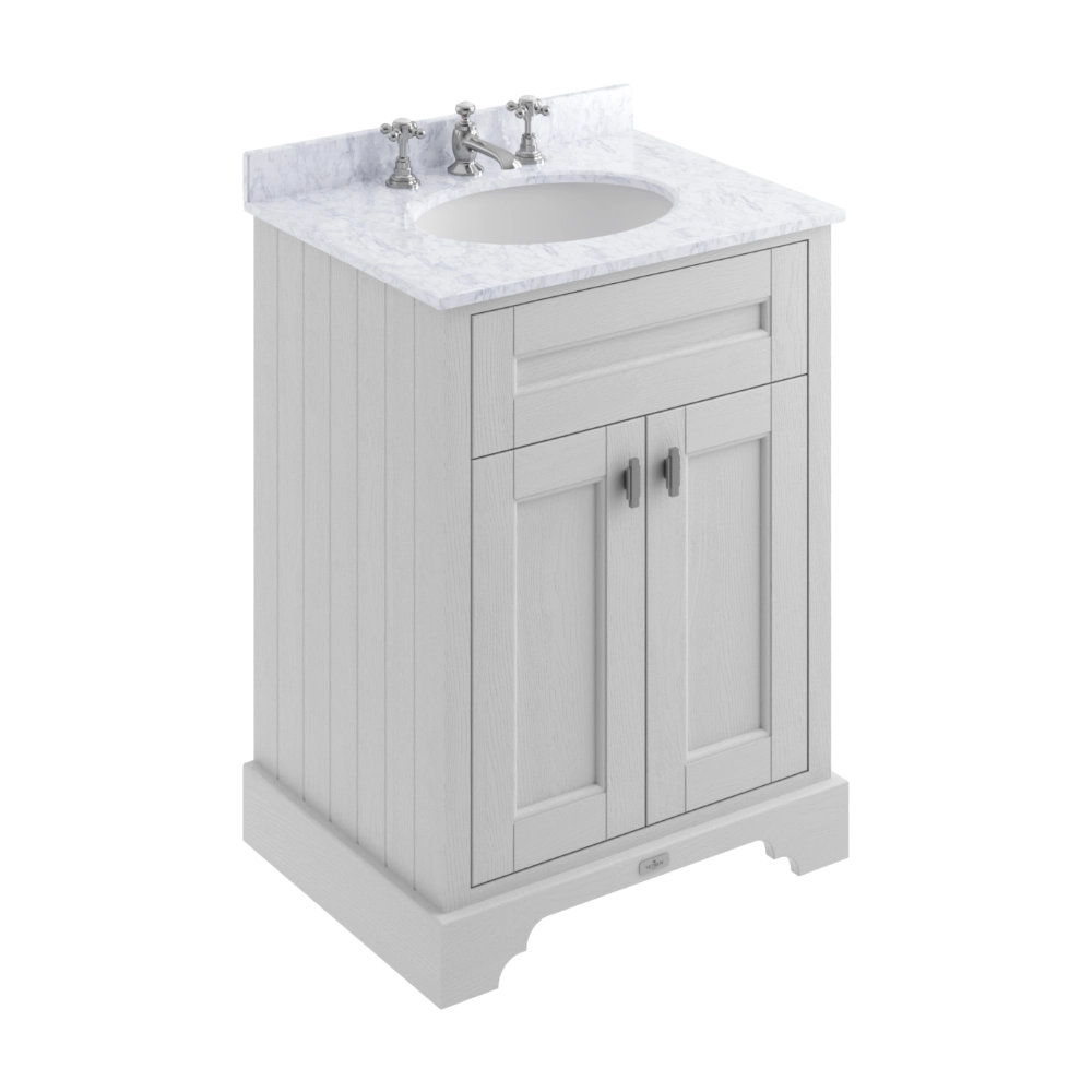 BC Designs Victrion 2-Door Bathroom Vanity Unit in Earl's Grey finish and White Marble Basin Top with 3 Tap Holes in size width 620mm BCF1000EG 