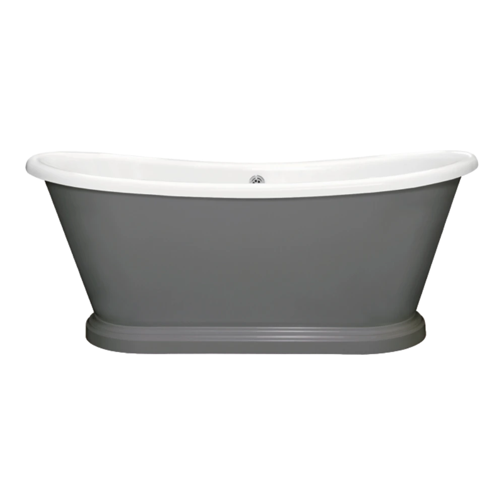 BC Designs Traditional Boat Bath, Acrylic Roll Top bespoke custom Painted Bathtub 1580mm x 750mm BAS063 downpipe grey