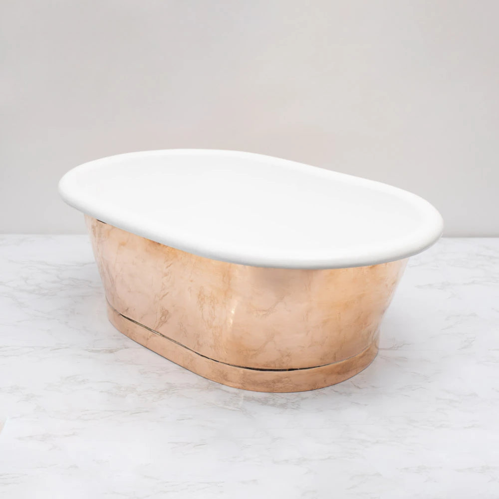 BC Designs Copper Enamel Roll Top Bathroom Wash Basin 530mm x 345mm sitting on a marble vanity top