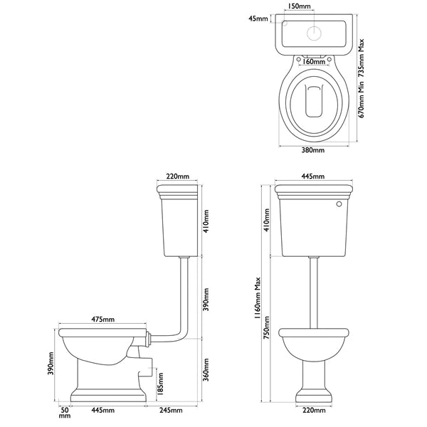Hurlingham Hampton Low Level WC Traditional Toilet, Cistern & Pan specification
