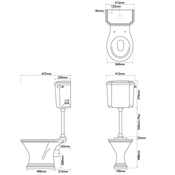 Hurlingham Highgate Low Level WC Traditional Toilet, Cistern & Pan specification drawing