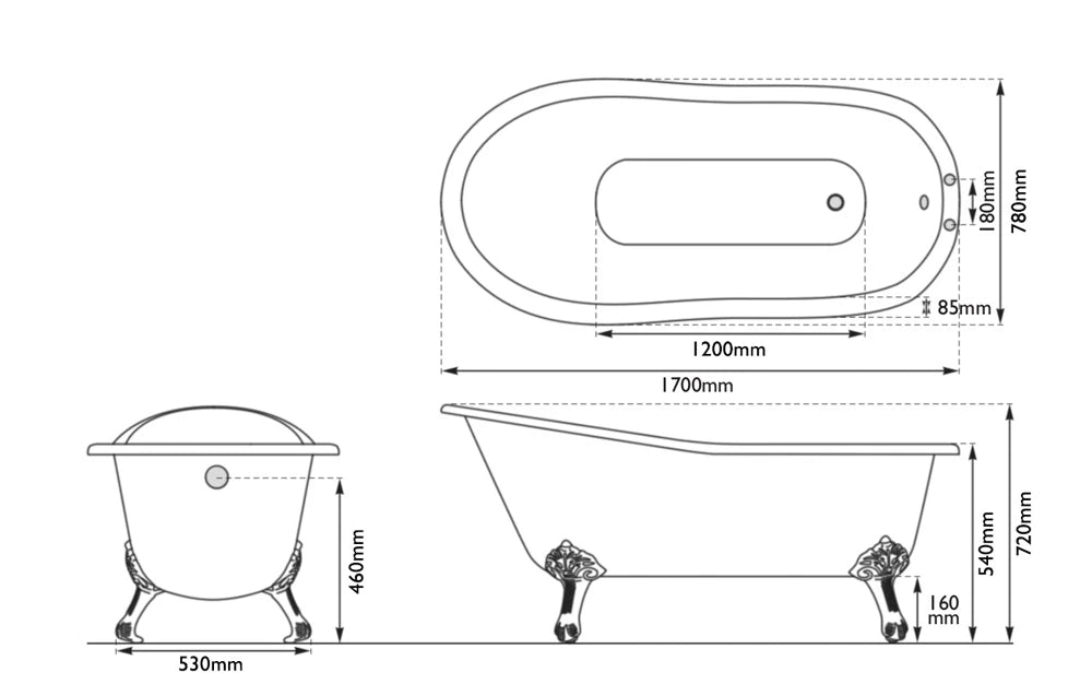 Hurlingham Marlow Freestanding Cast Iron Bath, Roll Top Painted Slipper Bath With Feet 1700x810mm, specification drawing