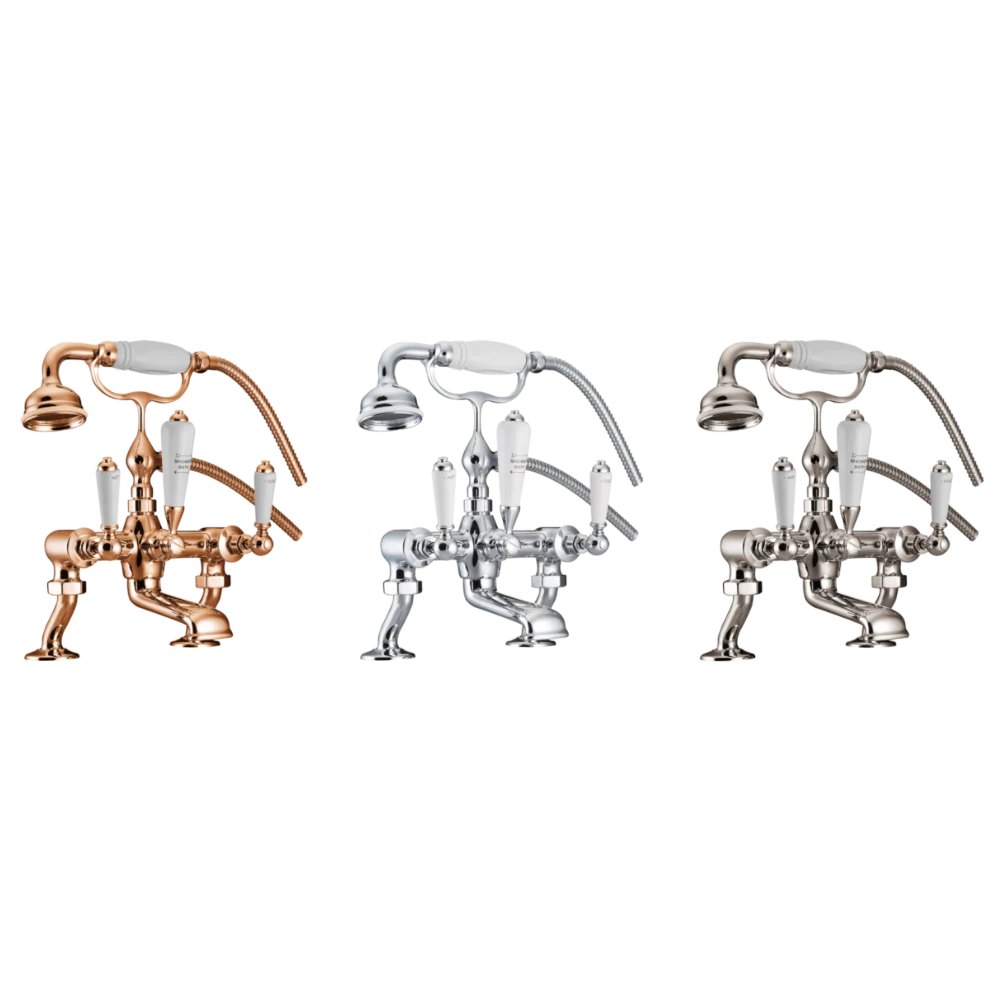 Hurlingham Lever Deck-Mounted Bath Mixer Taps With Cranked Legs copper nickel and chrome