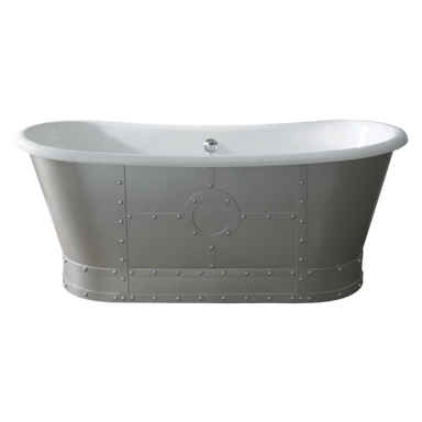 BC Designs Industrial Boat Bath, Acrylic Roll Top With Rivet Outer & Painted Finish 1730mm x 690mm in metallic silver side profile