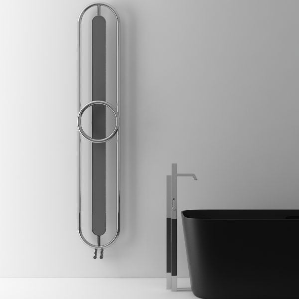 Carisa Aiden Heated Towel Radiator fixed to a white wall in a bathroom space