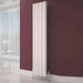 Carisa Otto Vertical Aluminium Radiator fixed to a red painted wall in a living space