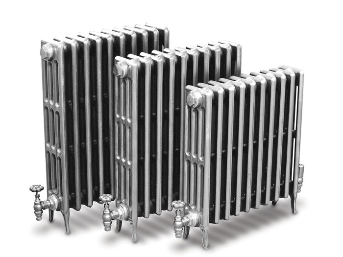 Carron Victorian 4 Column Cast Iron Radiator rad sizes showing three different height options in a silver specialised finish