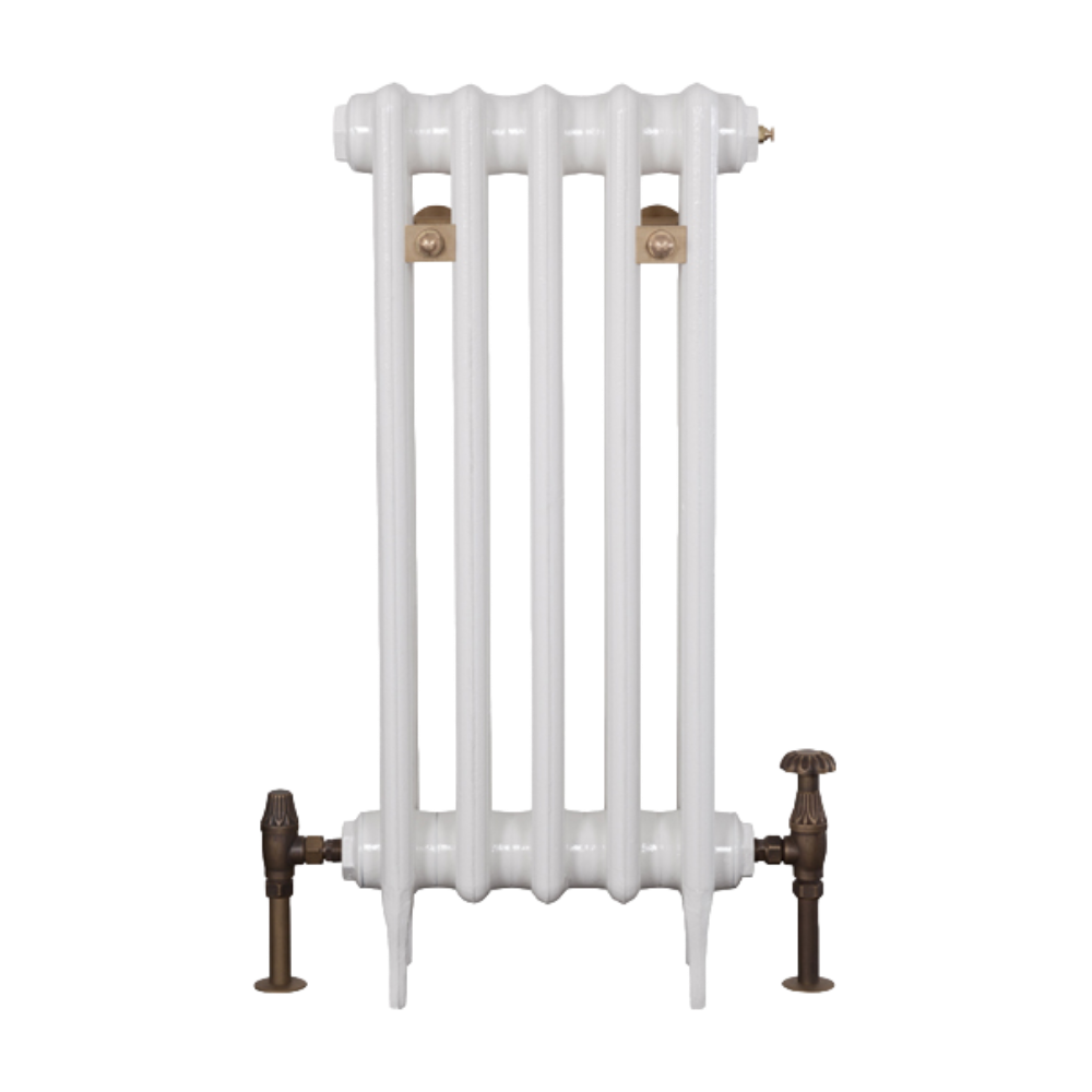 Carron Victorian 4 Column Cast Iron Radiator in a height of 760mm with 5 sections in a painted bespoke finish of white parchment with brushed brass valves, clear background image