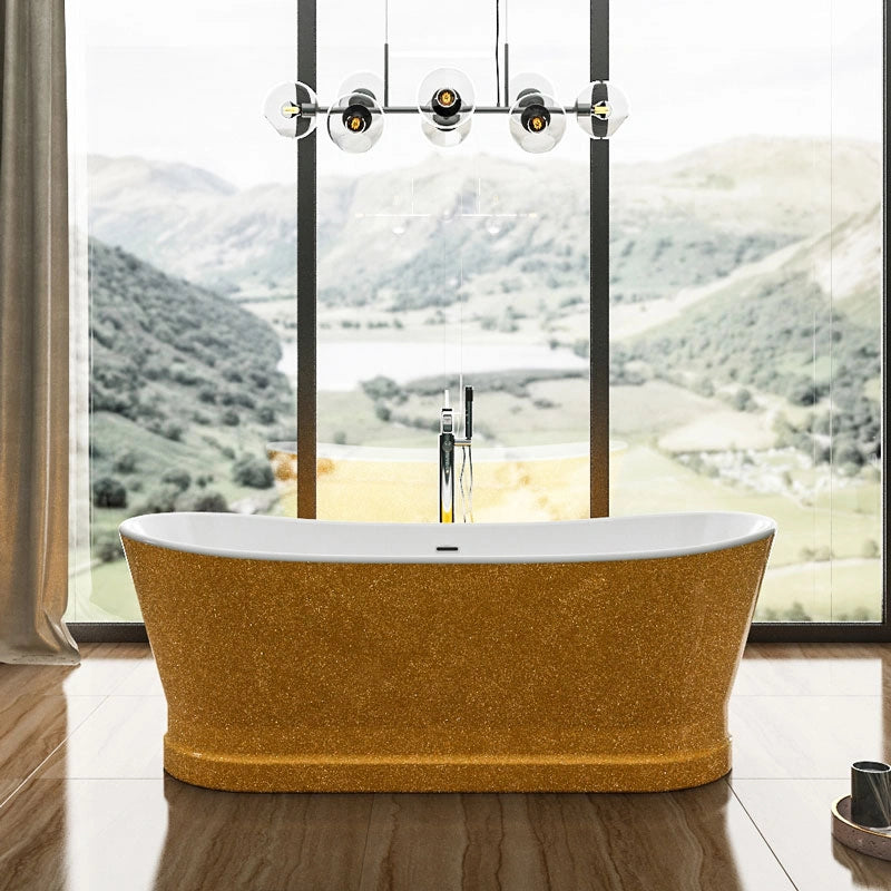 Charlotte Edwards Jupiter Freestanding Bath, front facing view, sparkling gold in a bathroom space