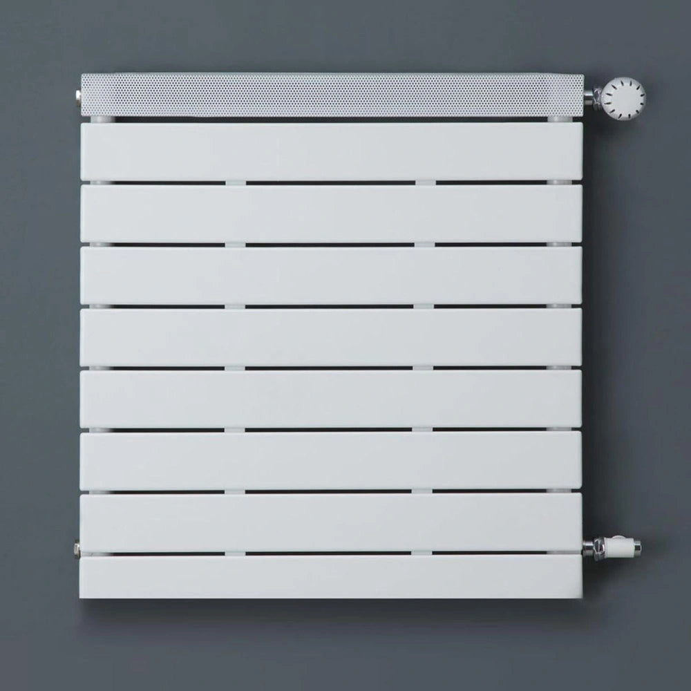 Eucotherm Minerva Radiator white, attached to a grey wall
