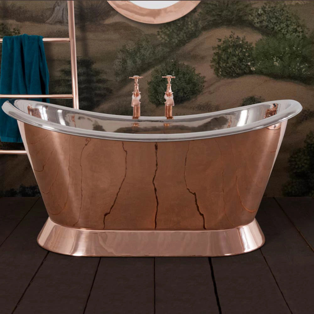 Hurlingham Copper Bateau Bath, Roll Top Bathtub, 1500x730mm in a bathroom space