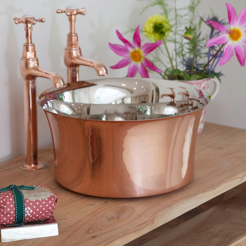 Hurlingham Copper-Nickel Round Tub Basin, Bathroom Wash Basin, 366x170mm with taps on a wooden vanity stand