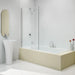 Merlyn 2 Panel Hinged Bath Screen, in a bathroom imaged fixed to a wall on a bath. Open hinges