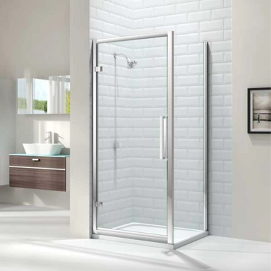 Merlyn 8 Series Hinged Shower Door with side panel, in a bathroom