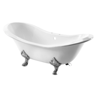 villandry white exterior and interior bath with detailed sculptural claw legs in silver with clear background