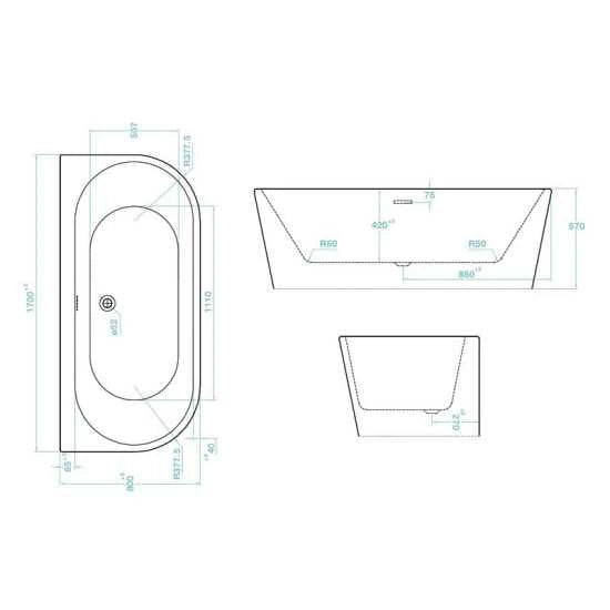 Tissino Angelo Double Ended D-Shape Acrylic Bath, Back To Wall, White 1700mm x 800mm specification line drawing