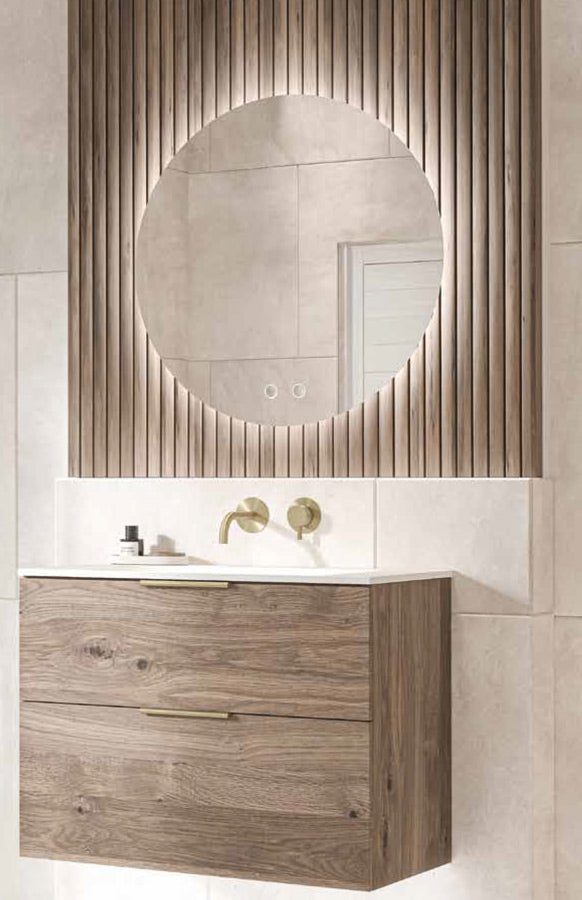 Tissino Cedro Backlit Mirror De-mister Double Touch Circular, fixed to a wooden panel in a bathroom