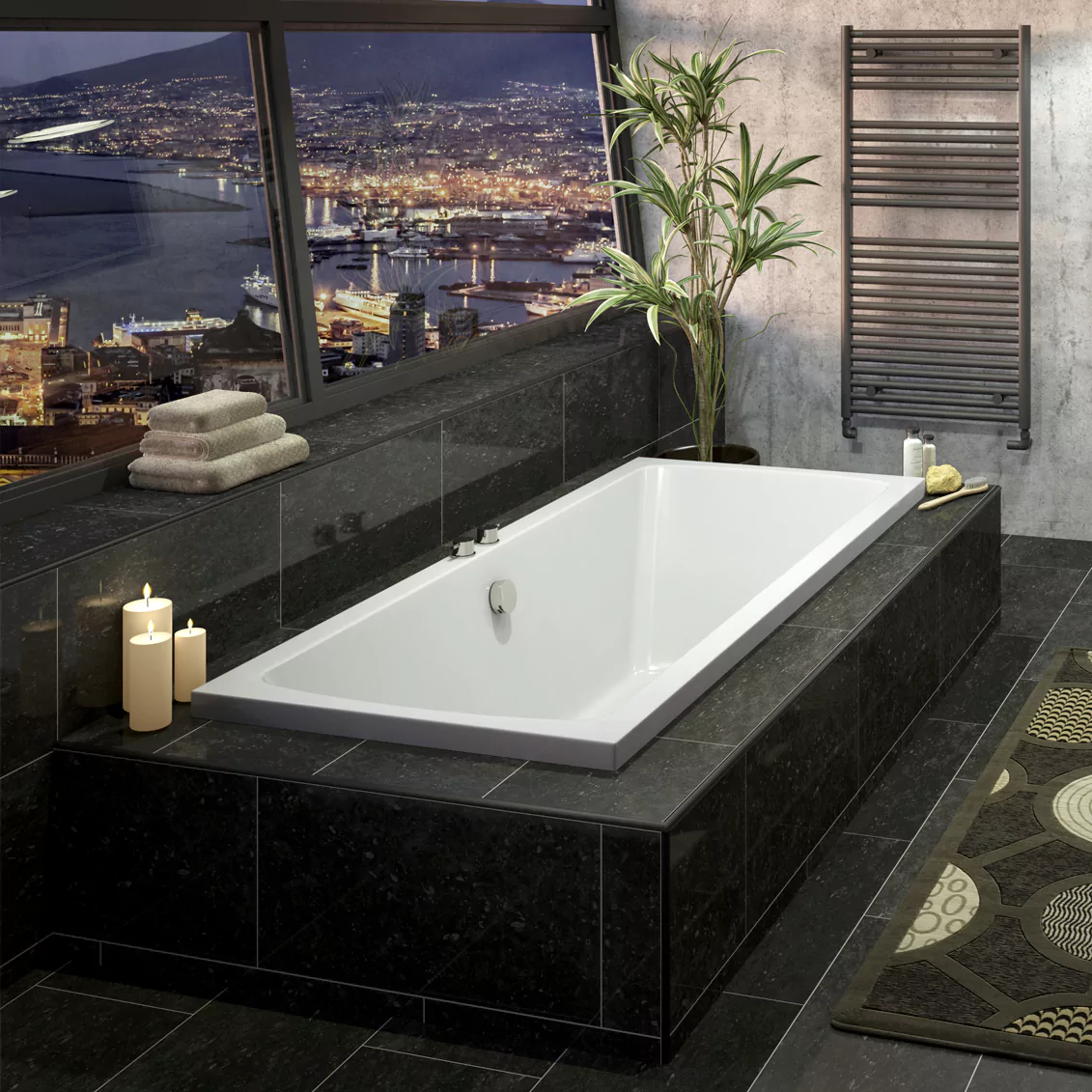 Tissino Lorenzo Premium Double Ended Acrylic Bath 1700x750mm, in a bathroom space. Black tiles, city view