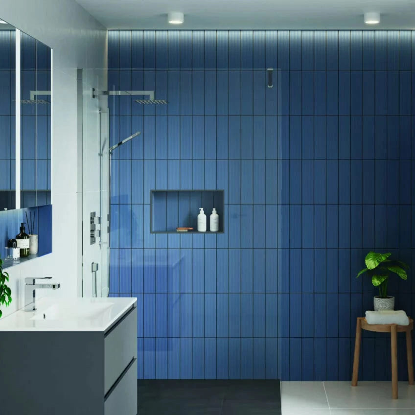 Tissino Giorgio 2 Square / Rectangular Shower Tray, W 900mm, in a interior blue tiled shower room