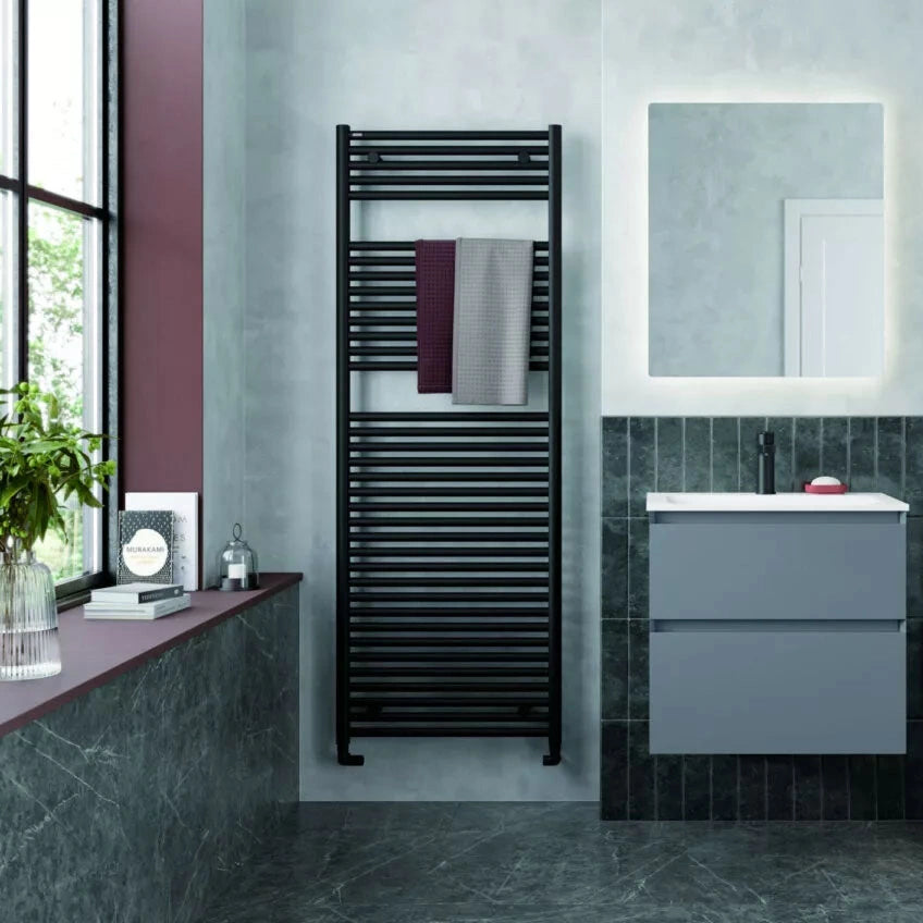 Tissino Hugo2 Heated Towel Radiator H1652xW600mm matt black fixed to a bathroom wall