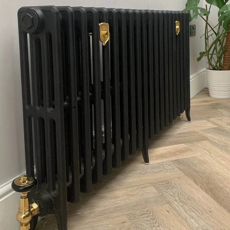 Arroll Neo Classic 4 Column Cast Iron Radiator, black painted with gold wall stays and valve