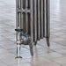 Arroll Neo Classic 4 Column Cast Iron Radiator, close up valve and legs