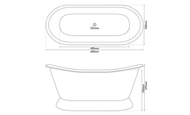 Hurlingham Copper Nickel Basin, Roll Top Bateau Bathroom Wash Basin & Plinth, 650x275mm specification drawing