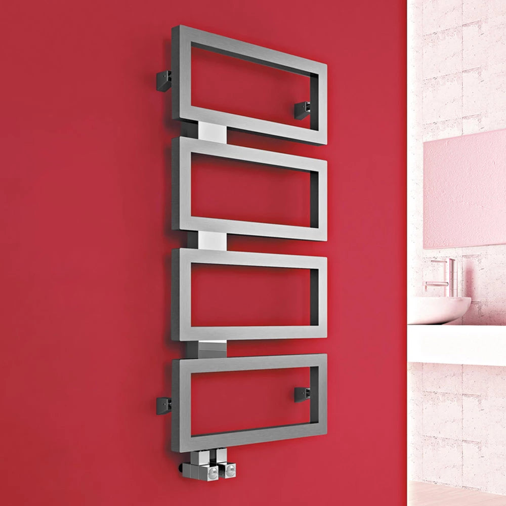 Carisa Beck Stainless Steel Towel Radiator, fixed to a red bathroom wall