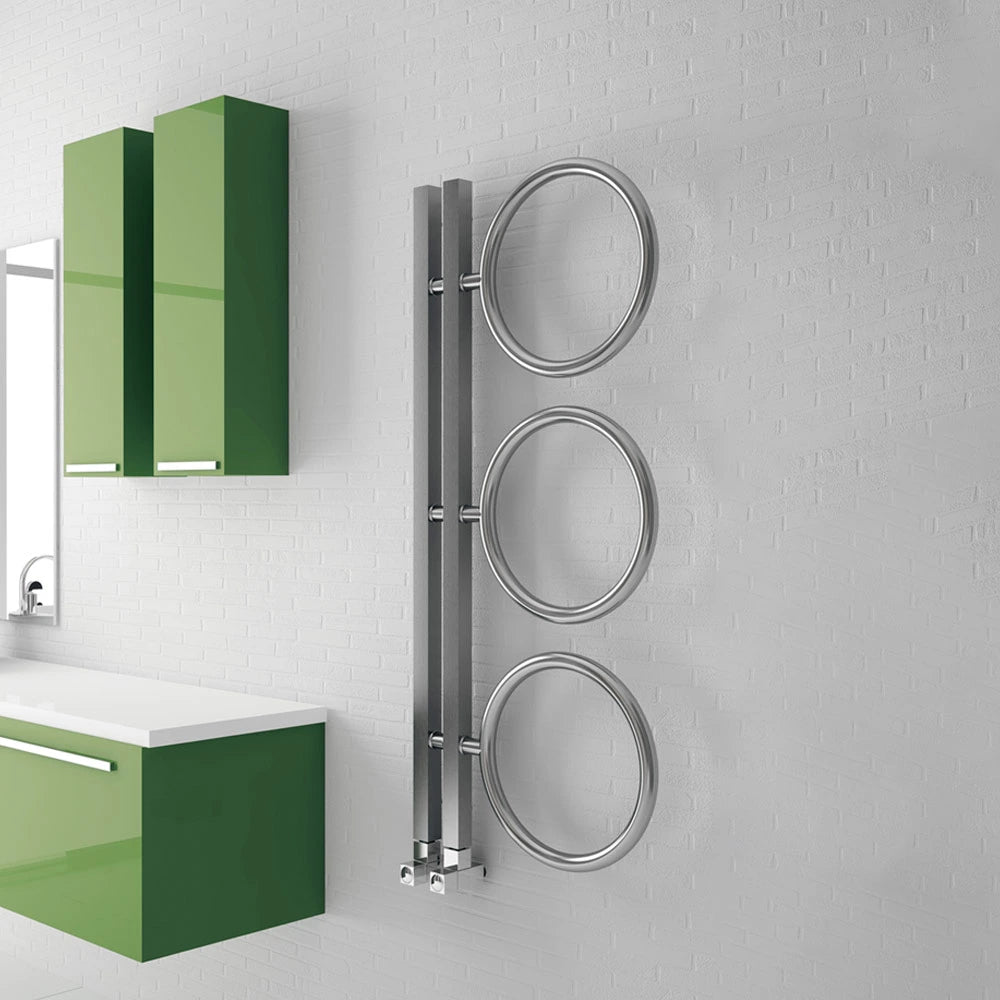 Carisa Castor Stainless Steel Designer Towel Radiator three circles, in a bathroom lifestyle interior image