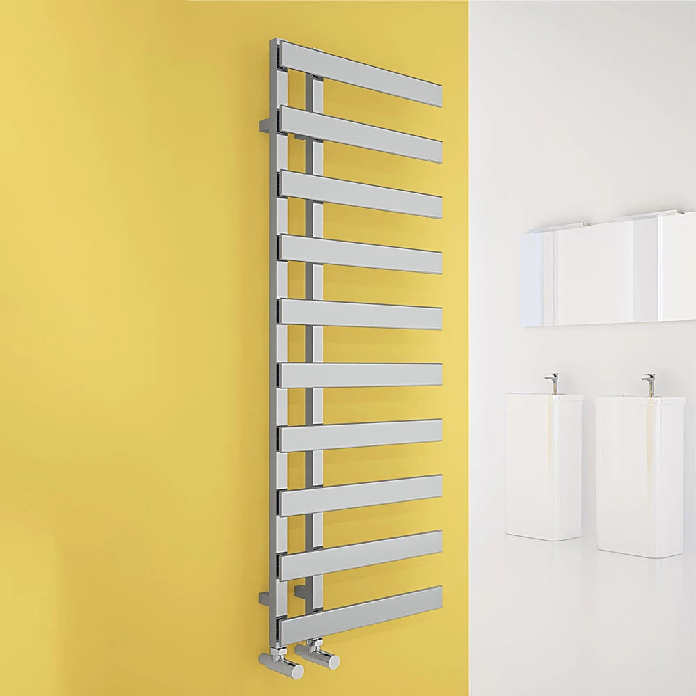Carisa Floris Heated Towel Radiator, fixed to a yellow painted wall in a bathroom space
