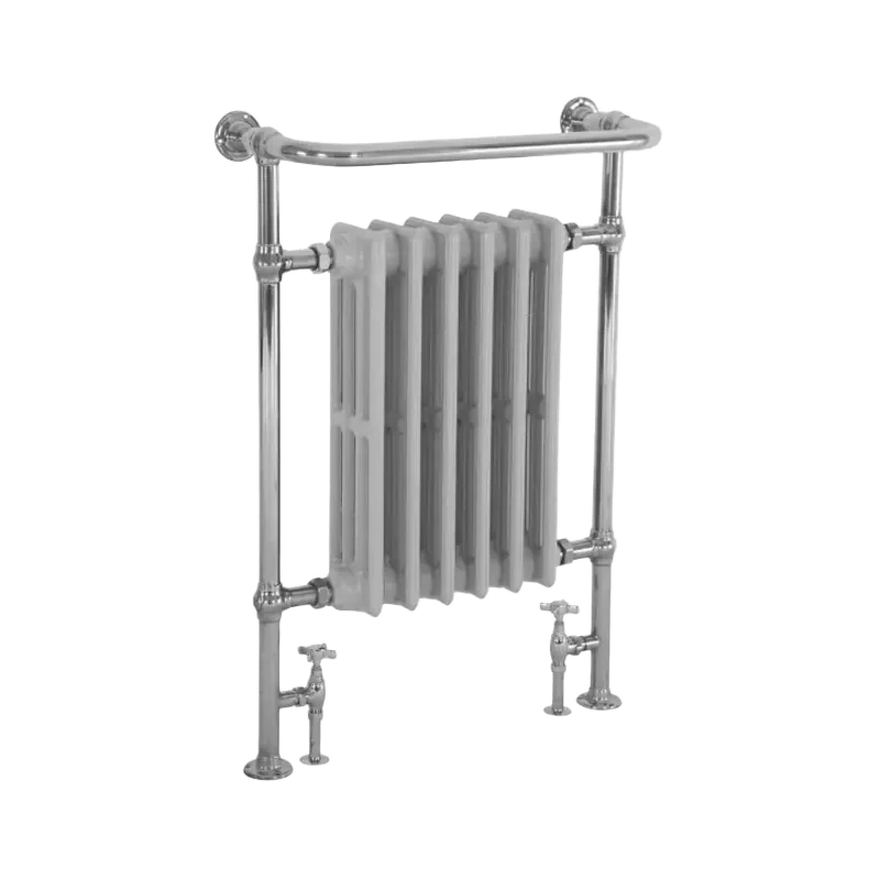 Carron Broughton Cast Iron Towel Radiator with gleaming chrome rail and 4 column grey bespoke painted integral radiator 