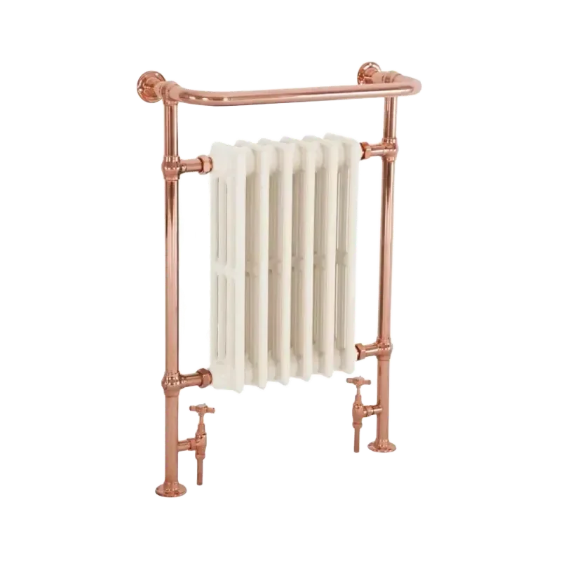 Carron Radiators Broughton Cast Iron Towel Rail left side facing with shining copper rail with white 4 column Victorian cast iron radiator insert