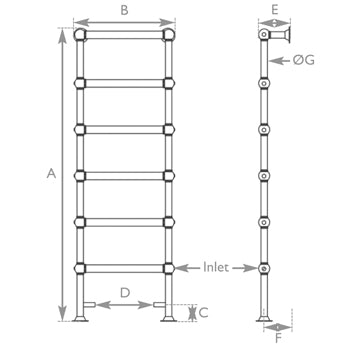 Carron Colossus Towel Radiator Floor Mounted 1800mm x 650mm measurements