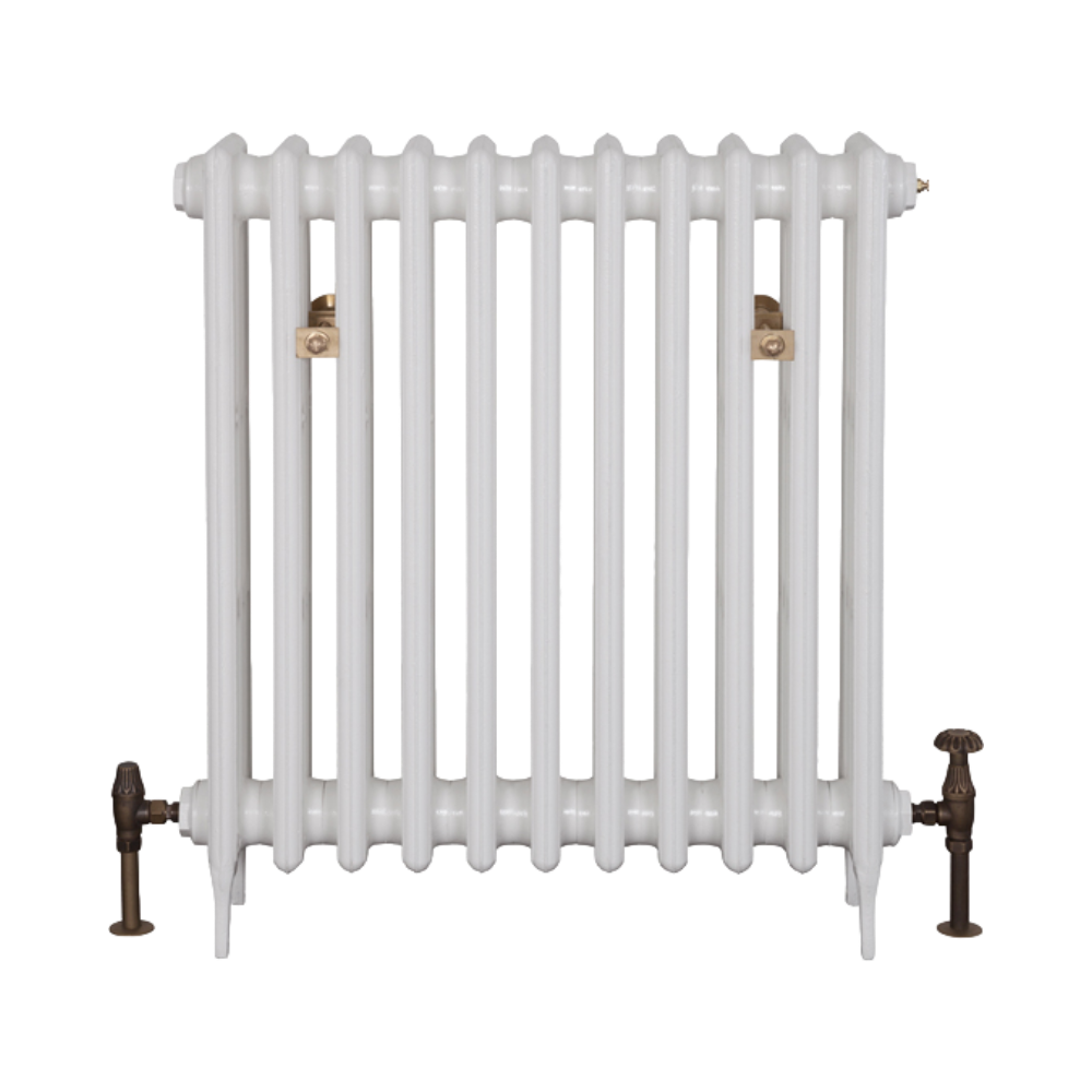 Carron Victorian 4 Column Cast Iron Radiator 810mm Height Special Finish front side profile image of a white radiator with brass valves either end, clear background image white painted