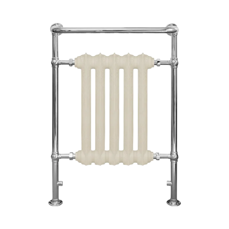 front facing Carron Wilsford Cast Iron Towel Radiator with chrome rail and painted integral radiator in buttermilk finish