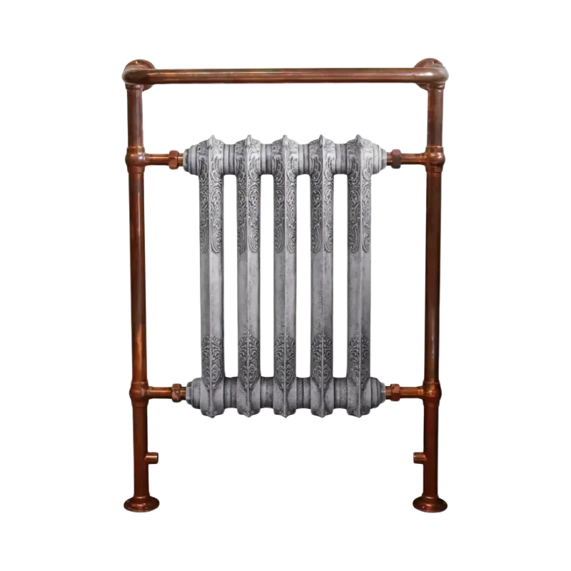 Carron Wilsford Cast Iron Towel Radiator front facing with copper rail and bespoke painted integral radiator with foundry grey finish