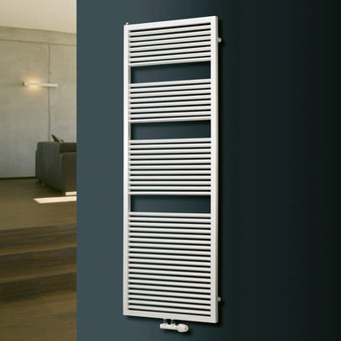 Eucotherm Diana Towel Radiator white wall mounted onto a ocean green painted wall in an interior living space