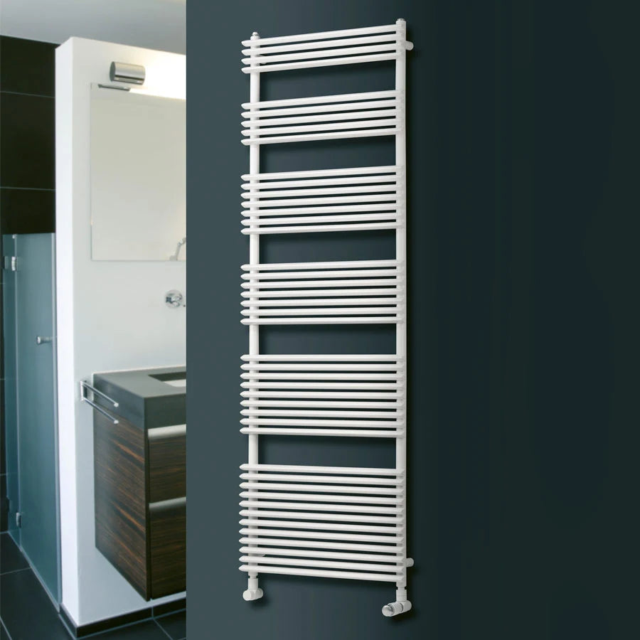 Eucotherm Kalida Towel Radiator, in white shown in a bathroom living space