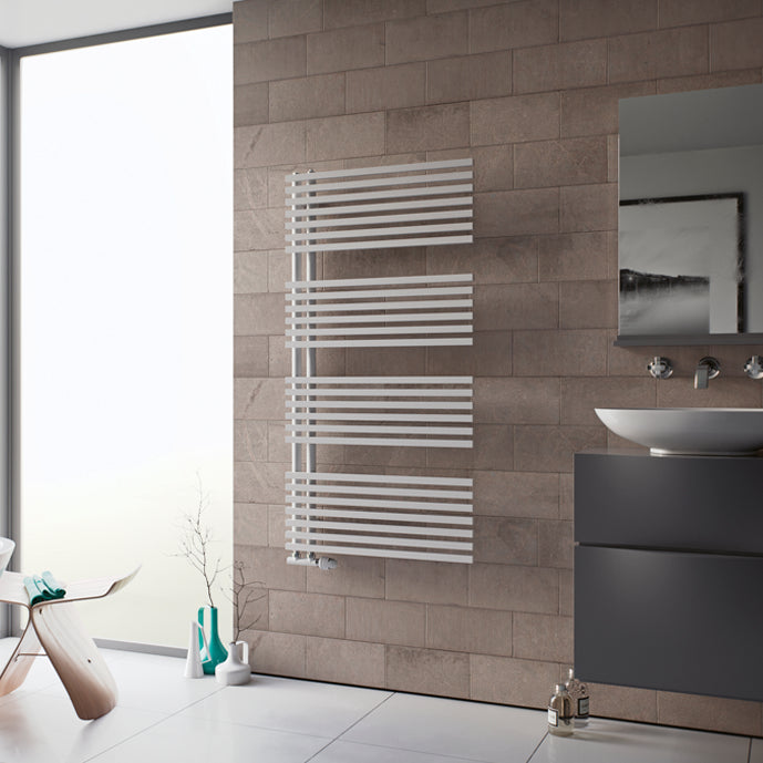 Eucotherm Retta Trium Towel Radiator, shown in a bathroom on the wall next to a basin sink