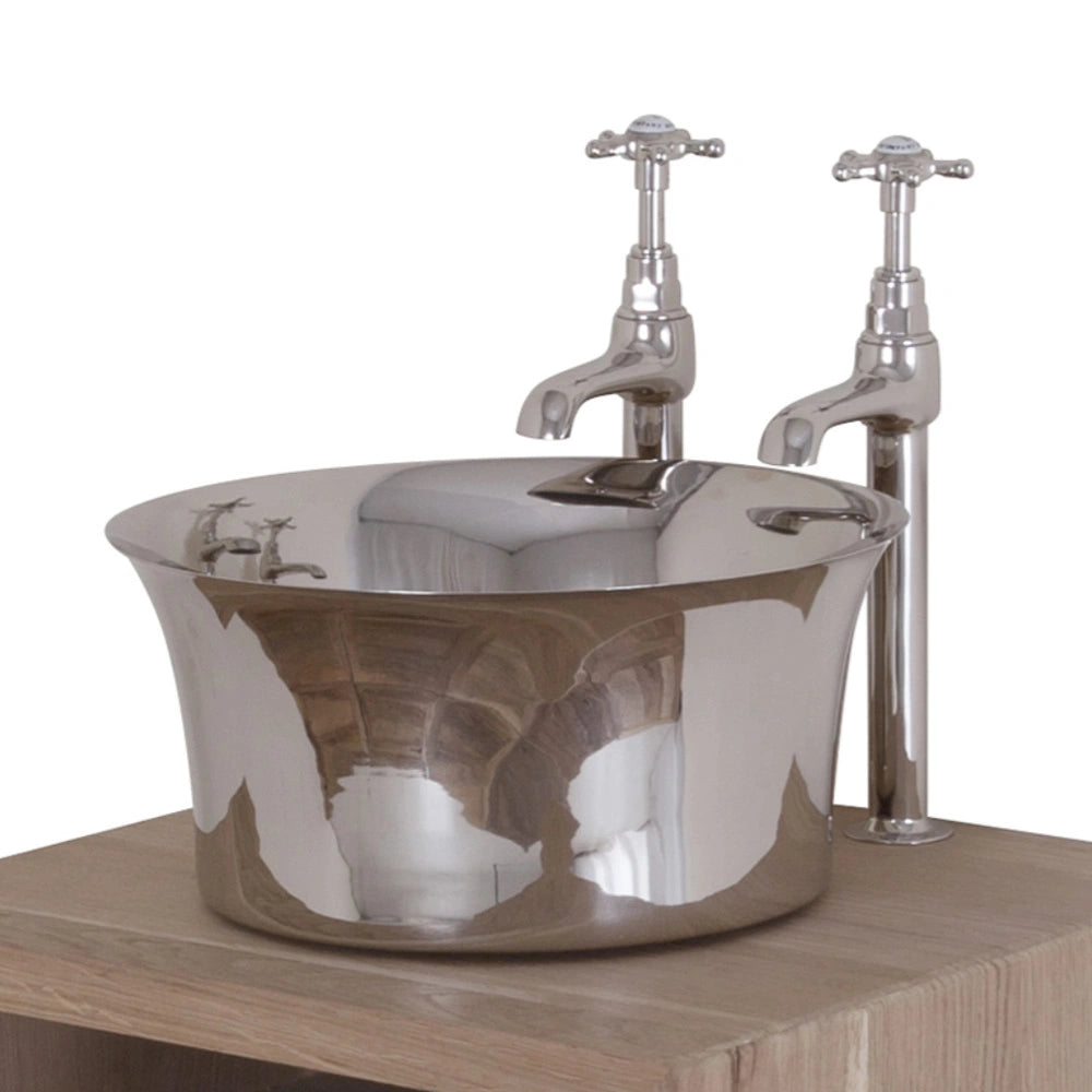 Hurlingham Nickel Basin, Round Tub Bathroom Wash Basin, 366x170mm with taps on a stand