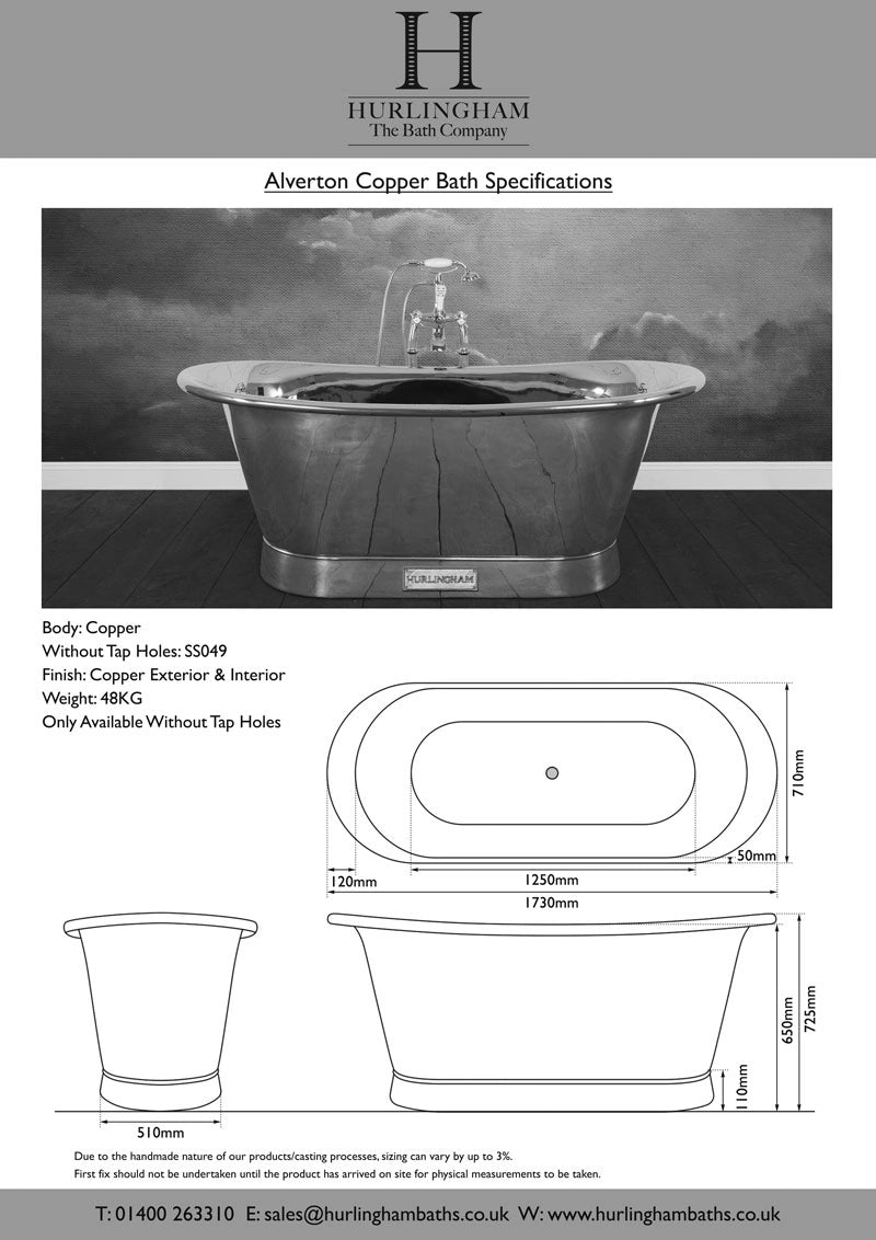 Hurlingham Alverton Copper Bath, Roll Top Copper Bathtub, 1730x710mm specification