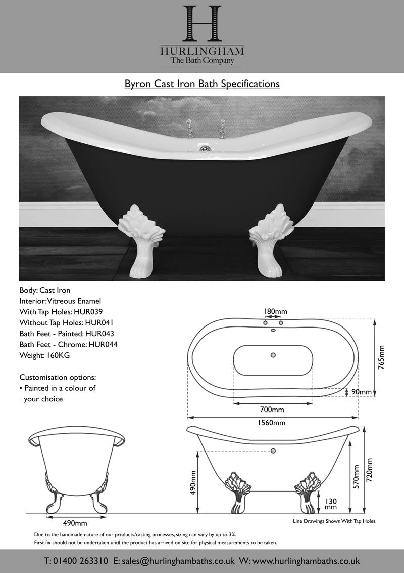 Hurlingham Byron Freestanding Cast Iron Bath, Roll Top Painted Slipper With Feet, 1560x765mm data sheet