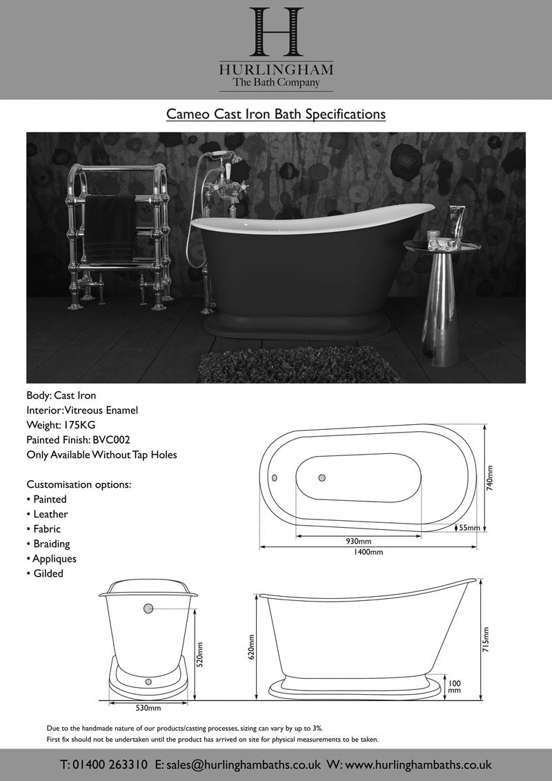 Hurlingham Cameo Freestanding Small Cast Iron Bath, Painted Roll Top Small Slipper Bathtub, 1400x740mm specification