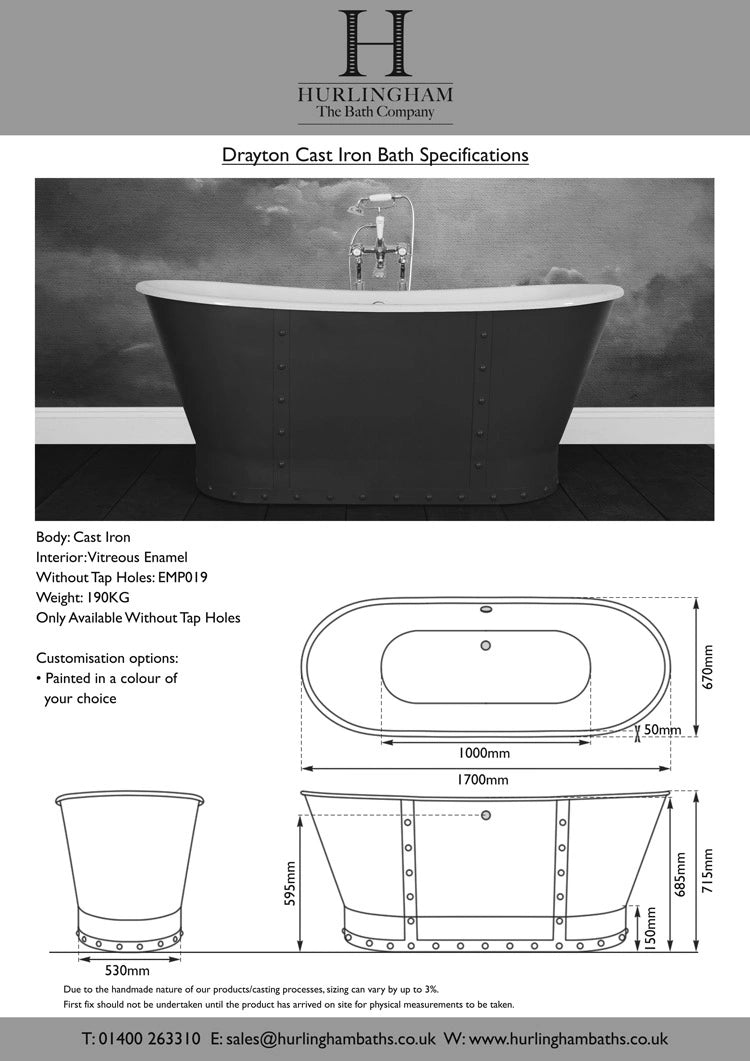Hurlingham Drayton Freestanding Cast Iron Bath, Roll Top Painted Boat Bath 1700mm x 670mm specification