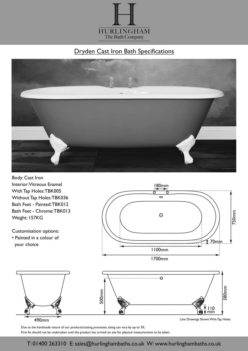 Hurlingham Dryden Freestanding Cast Iron Bath specification