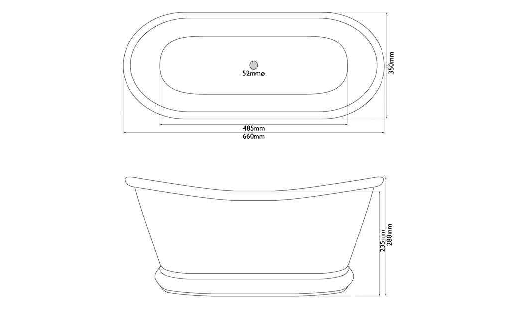 Hurlingham Bulle Copper Basin, Roll Top Bathroom Wash Basin, 660x280mm specification drawing