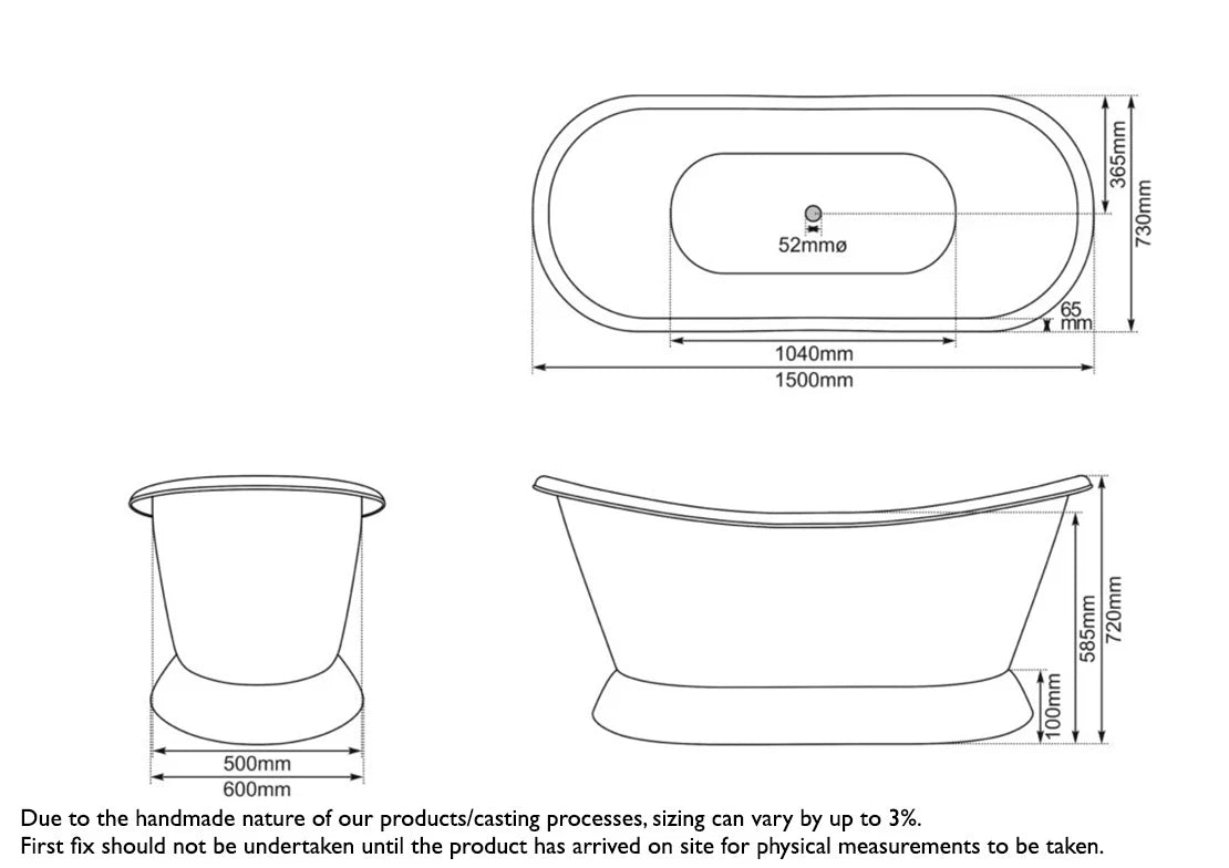 Hurlingham Copper Bateau Bath, Roll Top Bathtub, 1500x730mm specification drawing