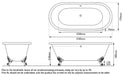 Hurlingham Dryden Small Freestanding Cast Iron Bath, Roll Top Painted Bathtub With Feet, 1530x770mm drawing