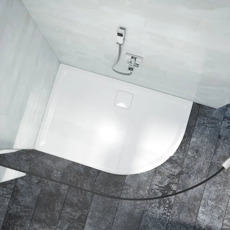 Merlyn MStone offset quadrant Shower Tray, view from above in a bathroom setting