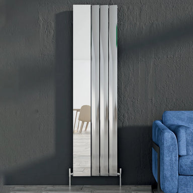 Carisa Step Mirror Aluminium Vertical Radiator fixed to a anthracite grey wall in a living space